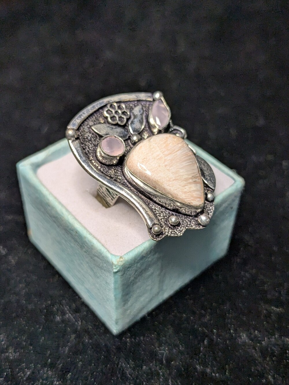 Unique Scolecite & Rose Chalcedony Statement Ring (6)